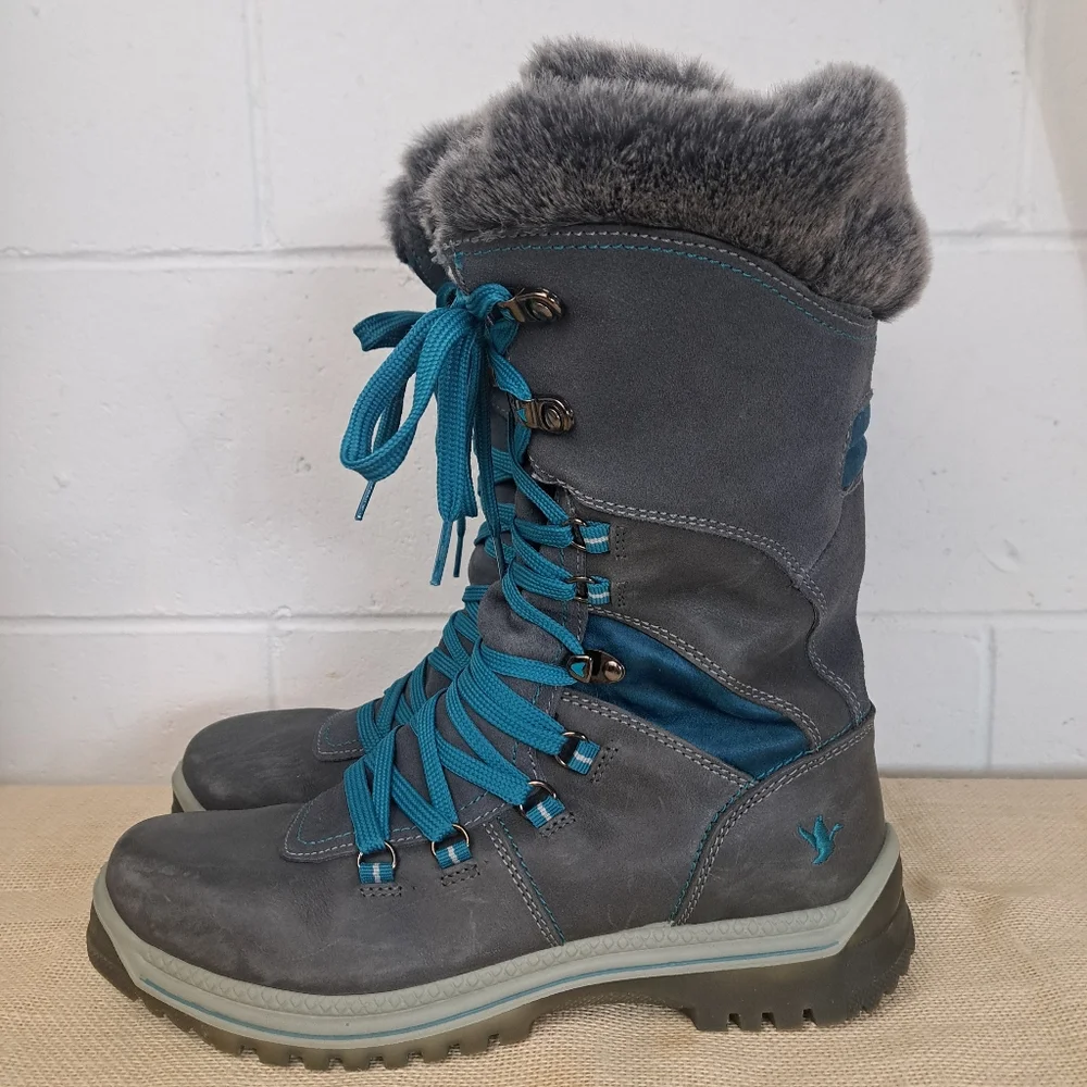 Santana Canada Marinda Grey Turquoise Tall Leather Lace Up Winter Boots 10